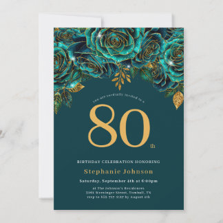 Floral Emerald Green and Gold 80th Birthday Invitation