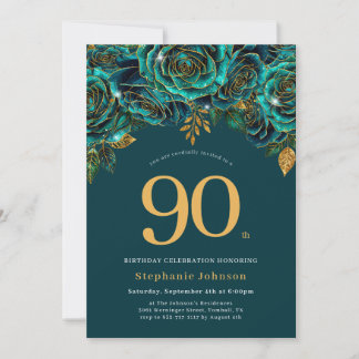 Floral Emerald Green and Gold 90th Birthday Invitation
