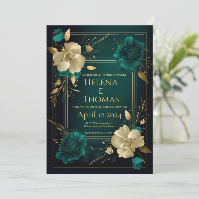 Floral Emerald Green and Gold   Invitation (Standing Front)