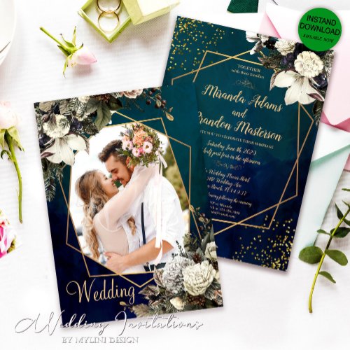 Floral Emerald Green and Gold Photo Wedding Invitation