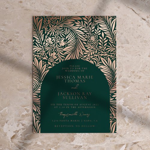 Floral Emerald Green and Rose Gold Wedding Foil Invitation