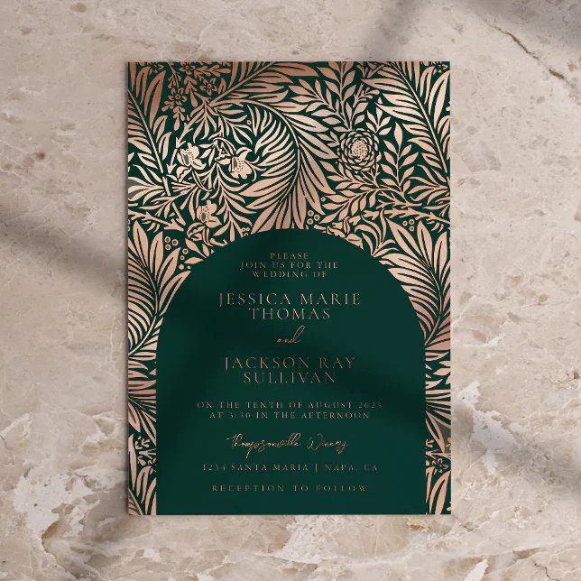 Floral Emerald Green and Rose Gold Wedding Foil Invitation | Zazzle