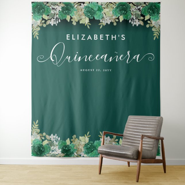 Floral Emerald Green Birthday Quinceanera Photo Tapestry (In Situ)