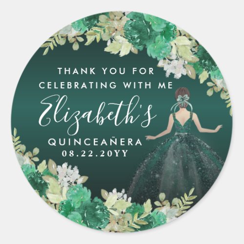 Floral Emerald Green Birthday Thanks Quinceanera Classic Round Sticker
