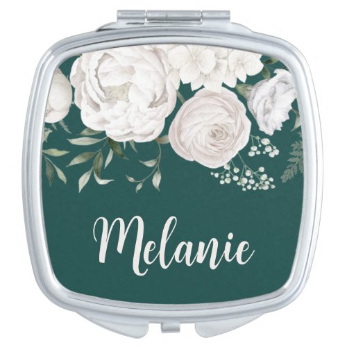 Floral Emerald Green Bridesmaid Survival Kit Name Compact Mirror