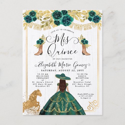 Floral Emerald Green Charra Princess Quinceanera Invitation Postcard