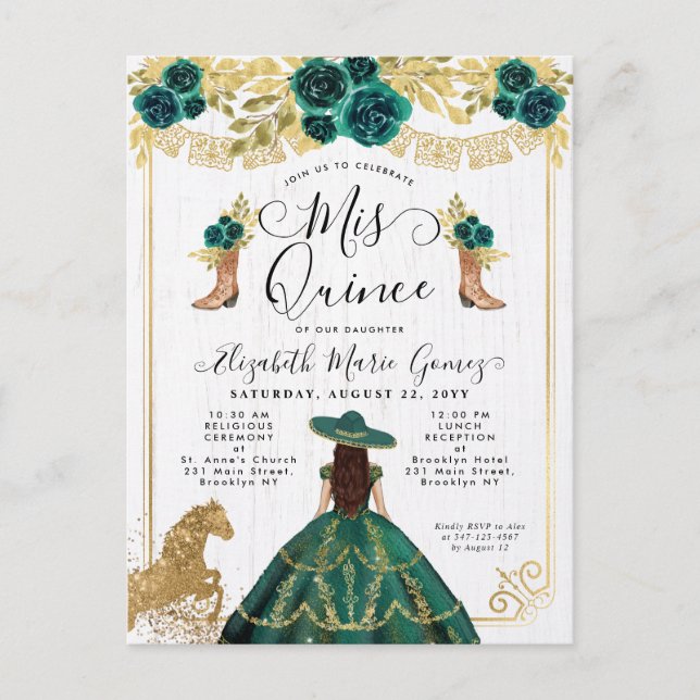 Floral Emerald Green Charra Princess Quinceanera Invitation Postcard (Front)