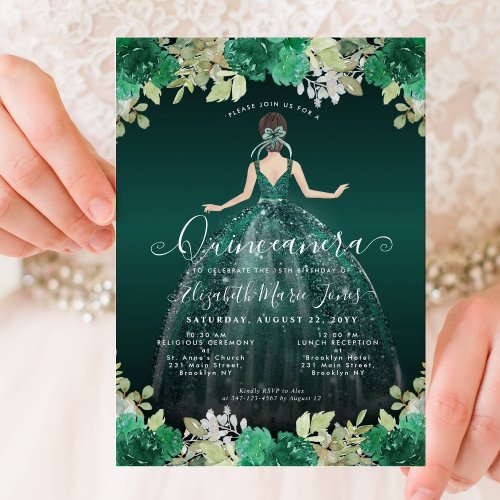 Floral Emerald Green Cinderella Royal Quinceanera Invitation