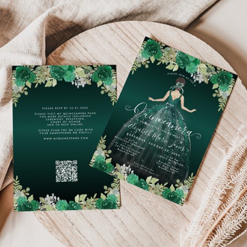 Floral Emerald Green Dress Birthday QR Quinceanera Invitation