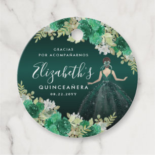 Floral Emerald Green Dress Birthday Quinceanera Favor Tags