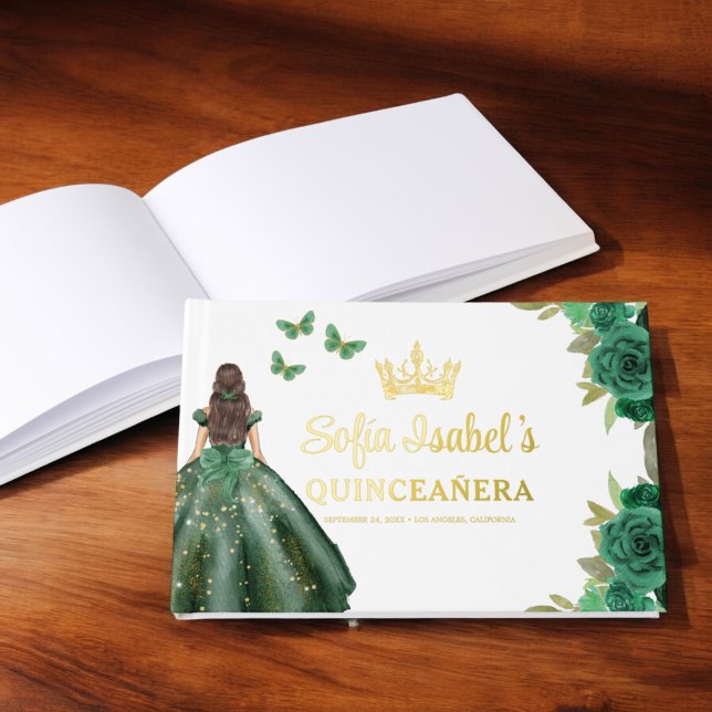 Floral Emerald Green Dress Birthday Quinceanera Foil Guest Book (Creator Uploaded)