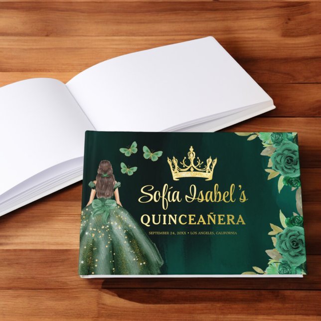Floral Emerald Green Dress Birthday Quinceanera Foil Guest Book (Creator Uploaded)