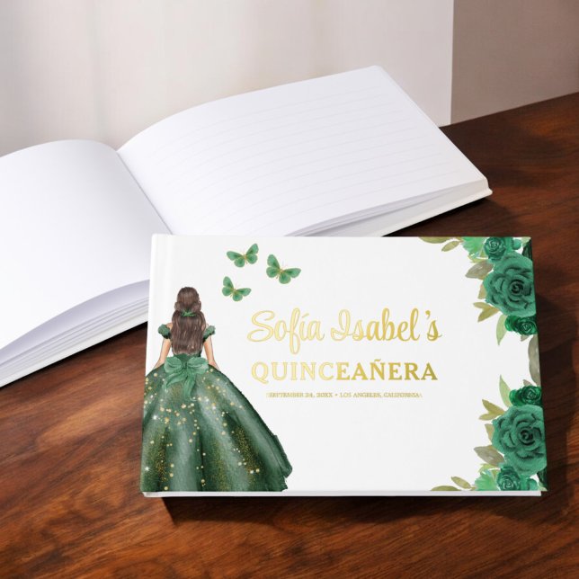Floral Emerald Green Dress Birthday Quinceanera Foil Guest Book (Creator Uploaded)