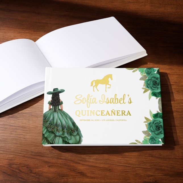 Floral Emerald Green Dress Birthday Quinceanera Foil Guest Book (Creator Uploaded)