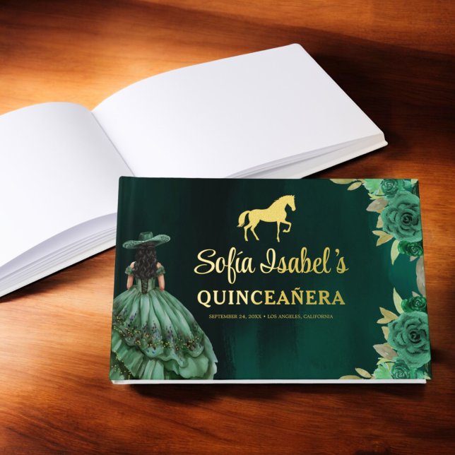 Floral Emerald Green Dress Birthday Quinceanera Foil Guest Book (Creator Uploaded)