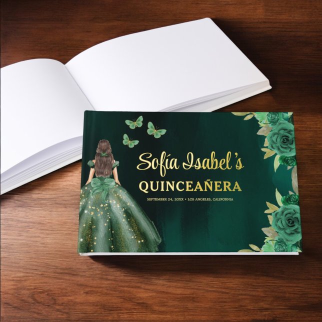 Floral Emerald Green Dress Birthday Quinceanera Foil Guest Book (Creator Uploaded)