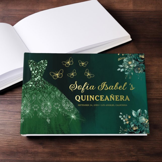 Floral Emerald Green Dress Birthday Quinceanera Foil Guest Book (Creator Uploaded)