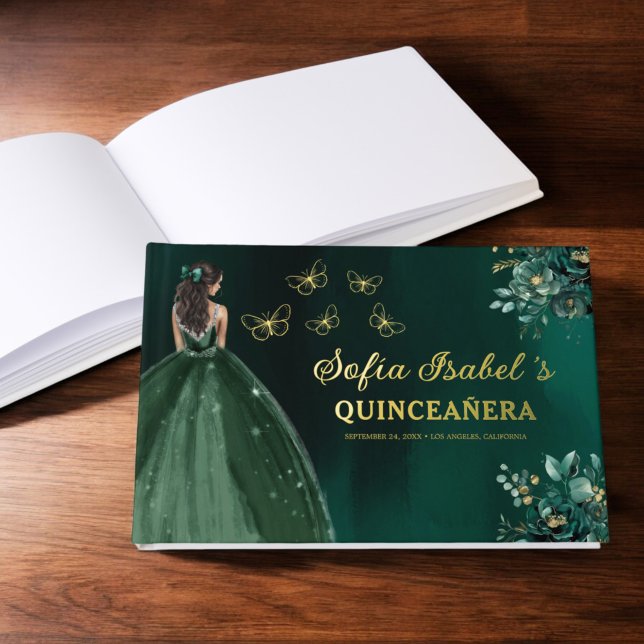 Floral Emerald Green Dress Birthday Quinceanera Foil Guest Book (Creator Uploaded)