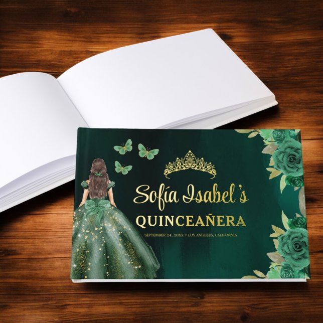 Floral Emerald Green Dress Birthday Quinceanera Foil Guest Book (Creator Uploaded)