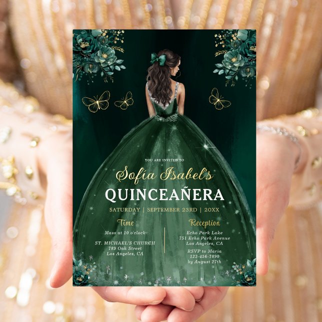 Floral Emerald Green Dress Birthday Quinceanera Foil Invitation (Creator Uploaded)