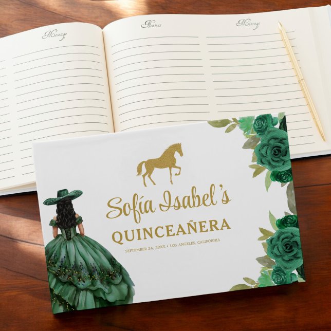 Floral Emerald Green Dress Birthday Quinceanera Guest Book (Creator Uploaded)