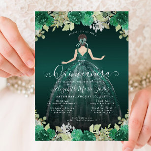 Floral Emerald Green Dress Birthday Quinceanera Invitation