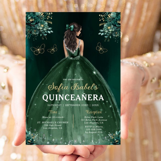 Floral Emerald Green Dress Birthday Quinceanera Invitation (Creator Uploaded)
