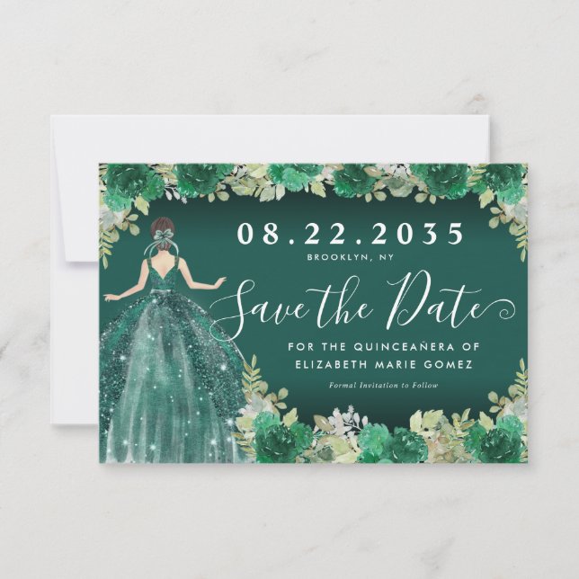 Floral Emerald Green Dress Birthday Quinceanera Save The Date (Front)