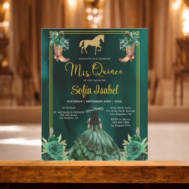Floral Emerald Green Gold Boots Horse Quinceanera Flyer (Creator Uploaded)