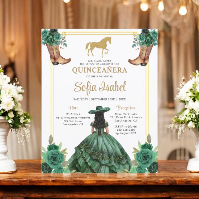 Floral Emerald Green Gold Boots Horse Quinceanera Flyer (Creator Uploaded)