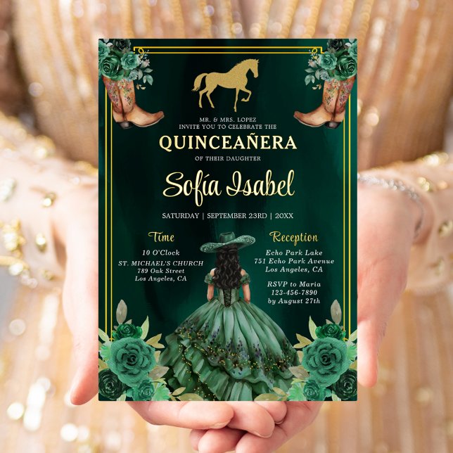 Floral Emerald Green Gold Boots Horse Quinceanera Foil Invitation (Creator Uploaded)