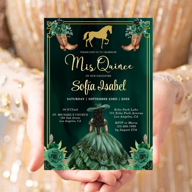 Floral Emerald Green Gold Boots Horse Quinceanera Foil Invitation (Creator Uploaded)