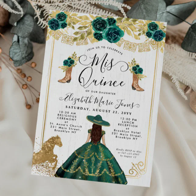 Floral Emerald Green Gold Boots Horse Quinceanera Invitation Zazzle