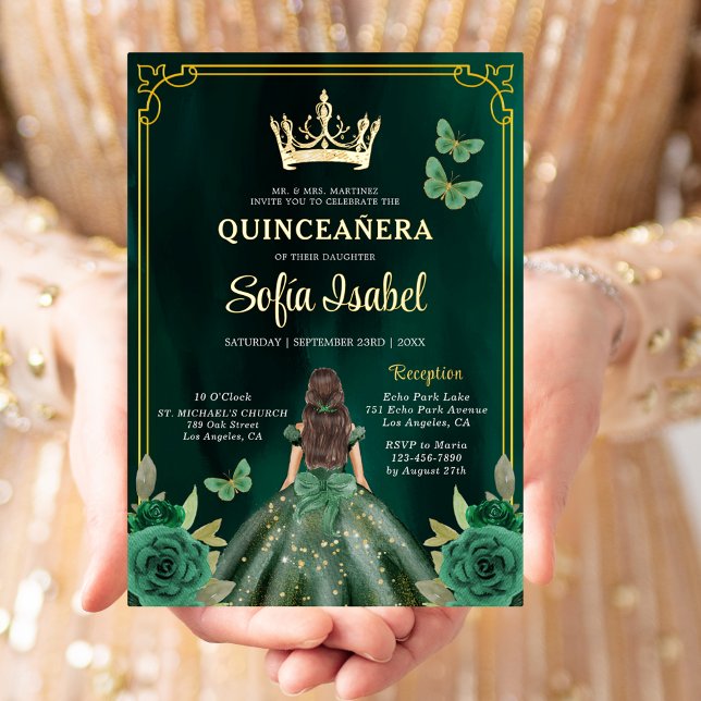 Floral Emerald Green Gold Butterfly Quinceanera Foil Invitation (Creator Uploaded)