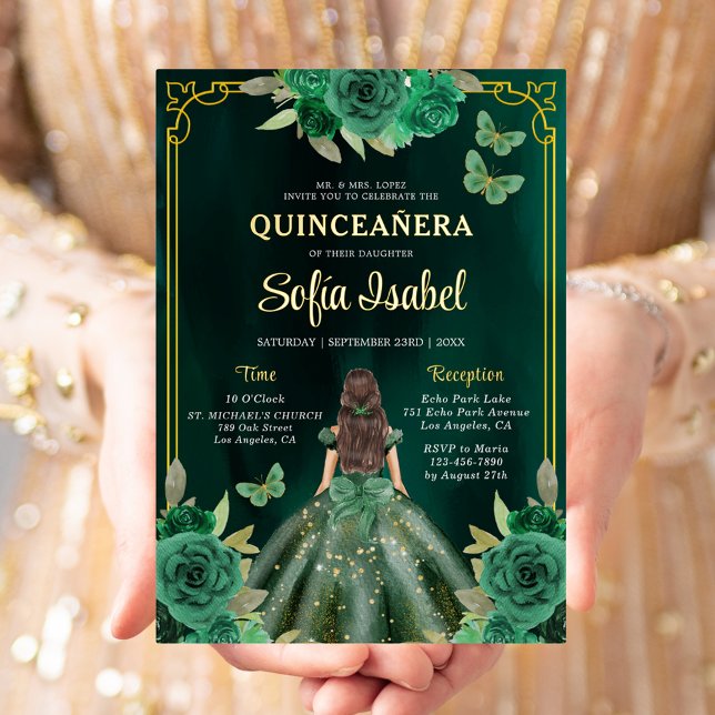 Floral Emerald Green Gold Butterfly Quinceanera Foil Invitation (Creator Uploaded)