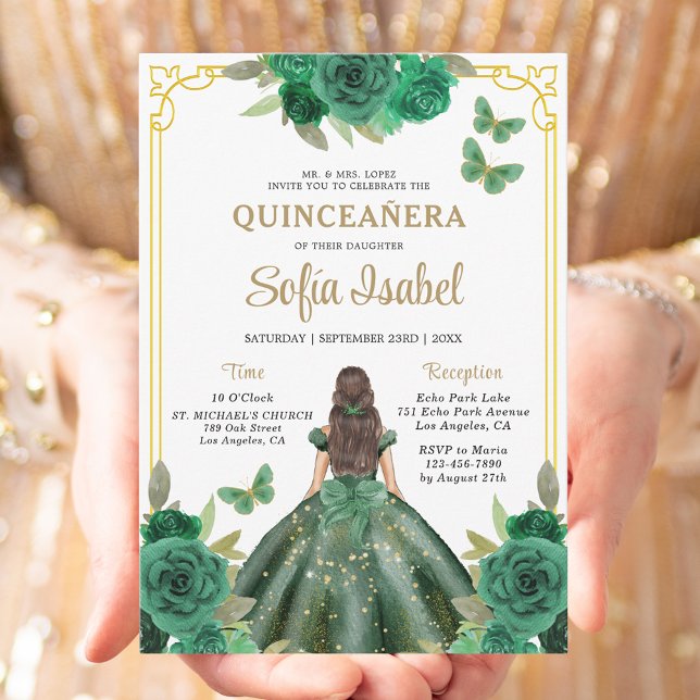 Floral Emerald Green Gold Butterfly Quinceanera Invitation (Creator Uploaded)