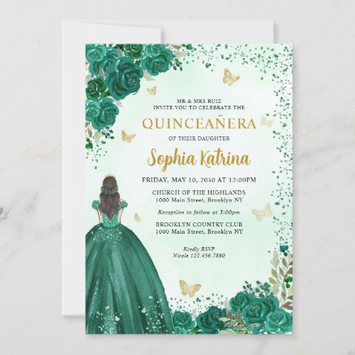 Floral Emerald Green Gold Princess Quinceanera Invitation