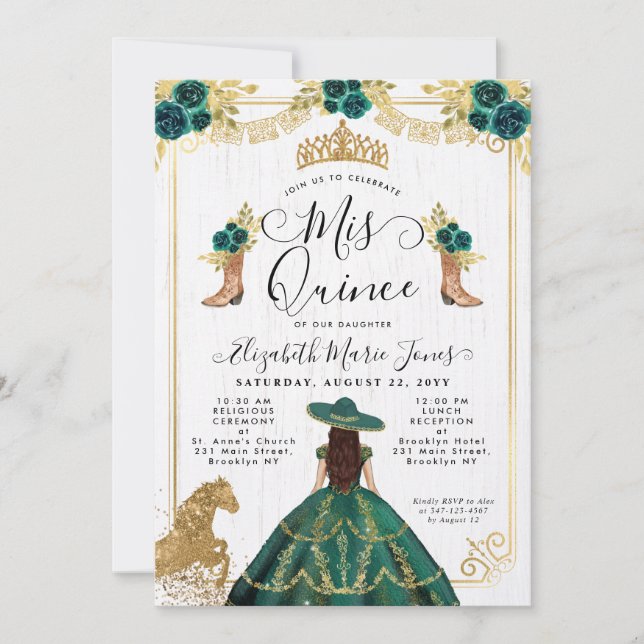 Floral Emerald Green Gold Tiara Charra Quinceanera Invitation (Front)