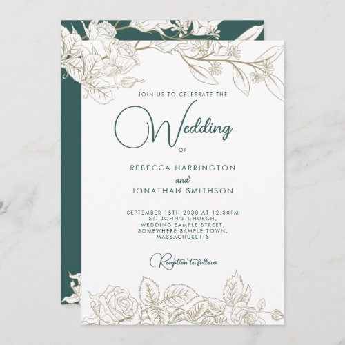 Floral Emerald Green Gold Wedding Invitation