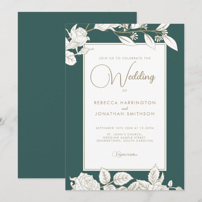 Floral Emerald Green Gold Wedding Invitation (Front/Back)
