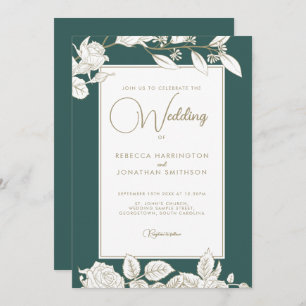 Floral Emerald Green Gold Wedding Invitation