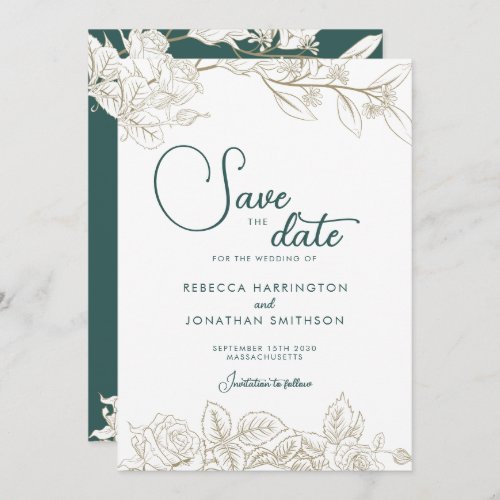 Floral Emerald Green Gold Wedding Save The Date Invitation