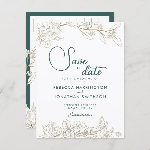 Floral Emerald Green Gold Wedding Save The Date Postcard