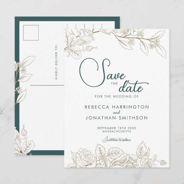 Floral Emerald Green Gold Wedding Save The Date Postcard (Front/Back)