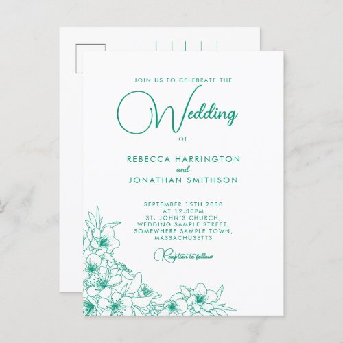 Floral Emerald Green Minimalist Wedding Invitation Postcard