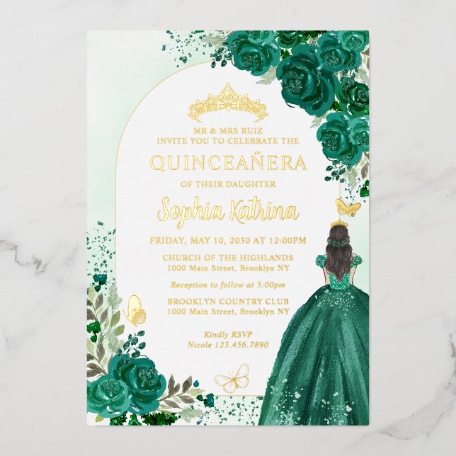 Floral Emerald Green Princess Birthday Quinceanera Foil Invitation (Front)