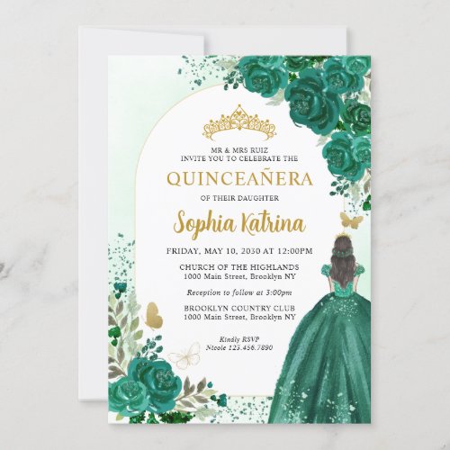 Floral Emerald Green Princess Birthday Quinceanera Invitation