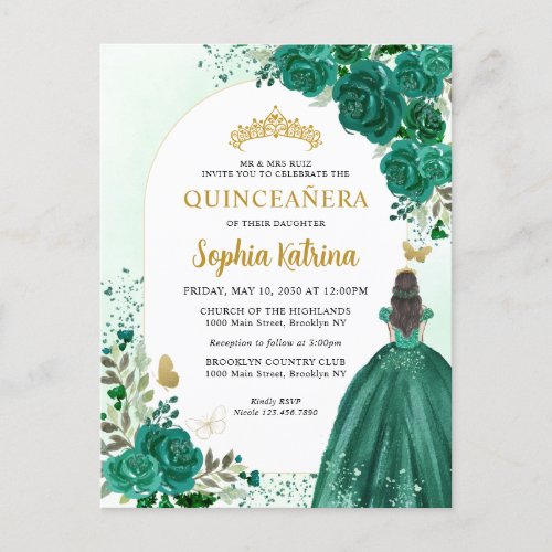 Floral Emerald Green Princess Birthday Quinceanera Invitation Postcard