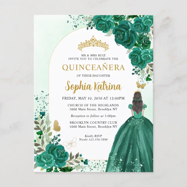 Floral Emerald Green Princess Birthday Quinceanera Invitation Postcard ...