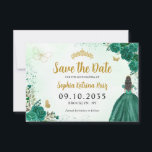 Floral Emerald Green Princess Birthday Quinceanera Save The Date<br><div class="desc">Floral Emerald Green Princess Gown Dress Glitter Sparkle Tiara Crown Butterfly 15th Birthday Quinceanera Save the Date</div>